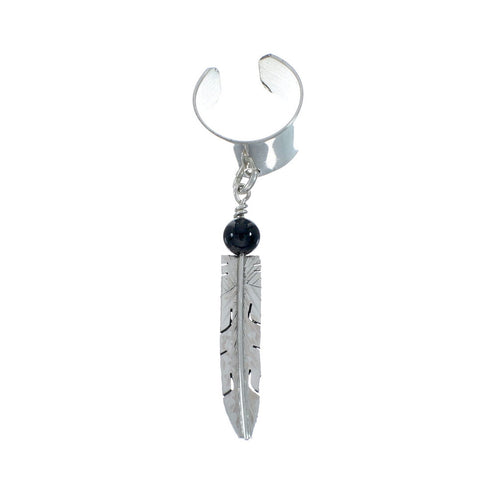 Native American Onyx Sterling Silver Feather Cuff Dangle Earrings X11113
